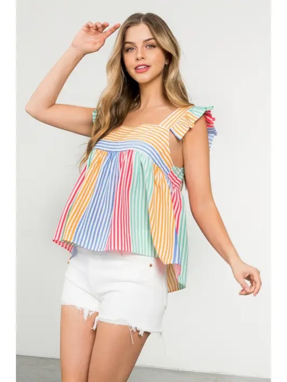 THML Multicolor Striped Ruffle Tank Top